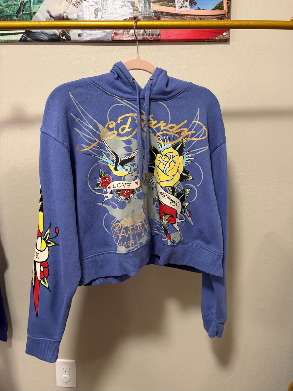 Ed Hardy Purple Graphic Cropped Hoodie with Yellow Rose
